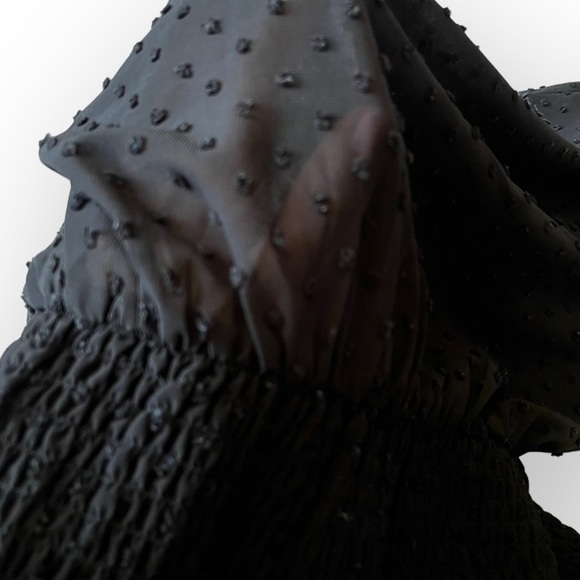 Goodnight Macaroon Mini Dress Textured Tiered Shirred Hips Black Crepe Dots 6 - Picture 10 of 10